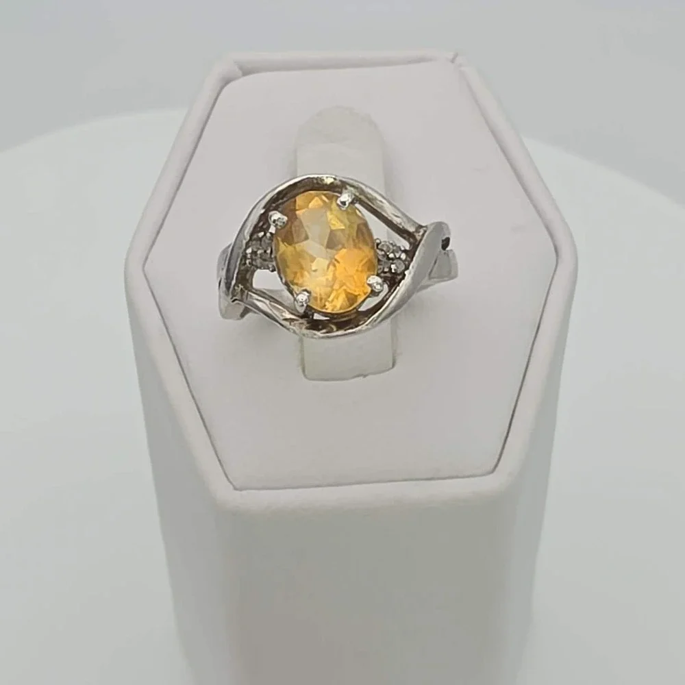 Vintage Citrine Ring Diamond Accents 925 Sterling Silver Size 5‎ FREE $HIPPING!!